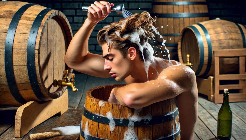 Gentle scalp cleansing with traditional DHT-blocking shampoo Man washing hair with DHT blocking shampoo in a traditional wooden tub, symbolizing natural hair loss prevention